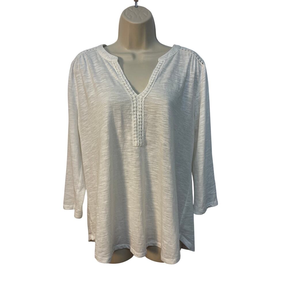 Loft Outlet Womens Ivory Slub Knit Crochet Trim 3/4 Sleeve Top Size L 426111
